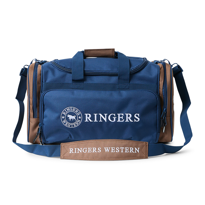 A navy and brown Ringers Western Rider Go Sports Bag (625130RW) duffel bag with 'RINGERS' printed in white on the front and 'RINGERS WESTERN' on the side, shown on a plain white background.