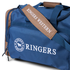 A navy and brown Ringers Western Rider Go Sports Bag (625130RW) duffel bag with 'RINGERS' printed in white on the front and 'RINGERS WESTERN' on the side, shown on a plain white background.
