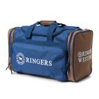 A navy and brown Ringers Western Rider Go Sports Bag (625130RW) duffel bag with 'RINGERS' printed in white on the front and 'RINGERS WESTERN' on the side, shown on a plain white background.