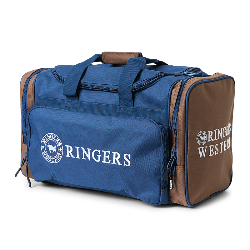 A navy and brown Ringers Western Rider Go Sports Bag (625130RW) duffel bag with 'RINGERS' printed in white on the front and 'RINGERS WESTERN' on the side, shown on a plain white background.