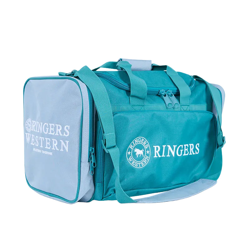 A teal and light blue Ringers Western Rider Go Sports Bag (625130RW) duffel bag with white branding for 'Ringers Western' and 'Ringers', shown on a solid white background.