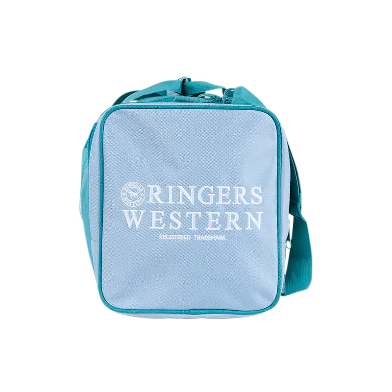 An end view of a teal and light blue Ringers Western Rider Go Sports Bag (625130RW) duffel bag with white branding for 'Ringers Western' shown on a solid white background.