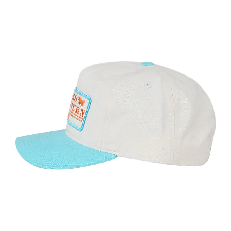 A white baseball cap with a light blue visor and a orange and blue patch on the front, shown against a white background.