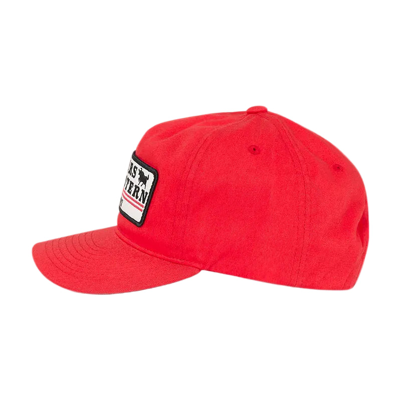 A bright red baseball cap with a black, white, and red patch on the side, shown against a white background.