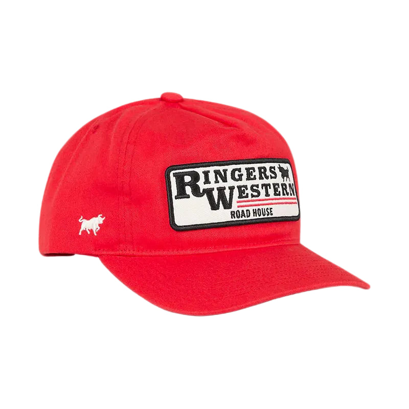 A red baseball cap featuring a white rectangular patch on the front with 'Ringers Western Road House' in black text, and a small white bull logo on the side, set against a white background.