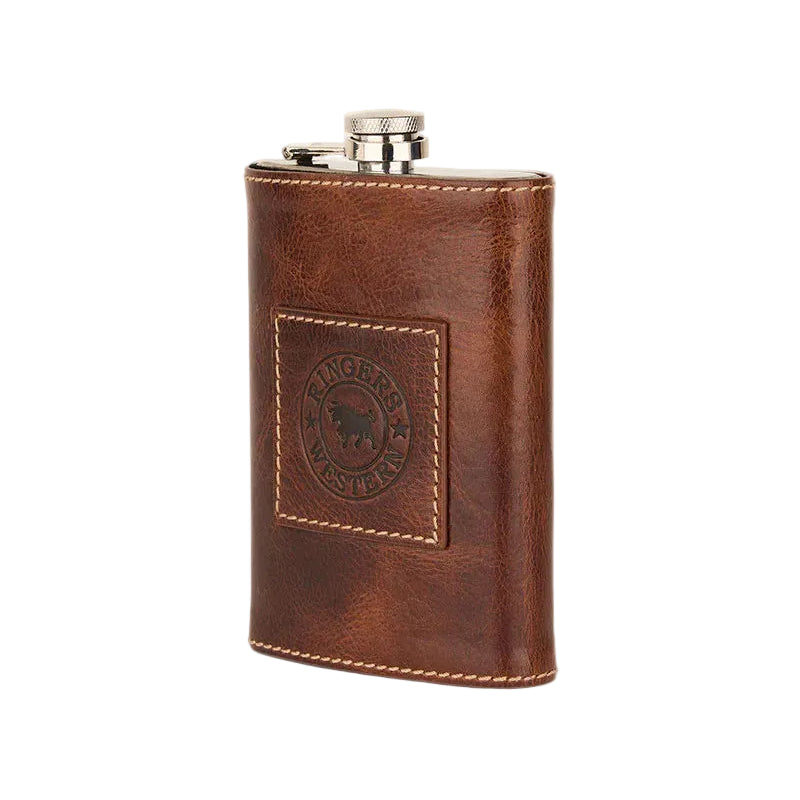 Brown leather flask with a visible brand logo on a beige background
