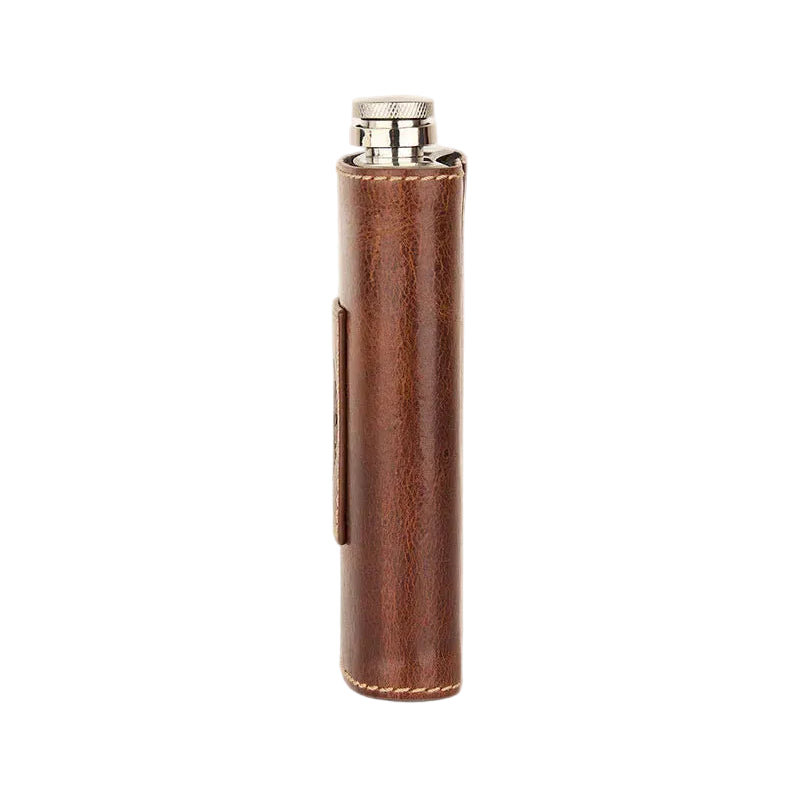 Brown leather flask side angle on a white background