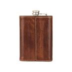 A brown leather flask with a silver metal cap, shown against a plain white background.