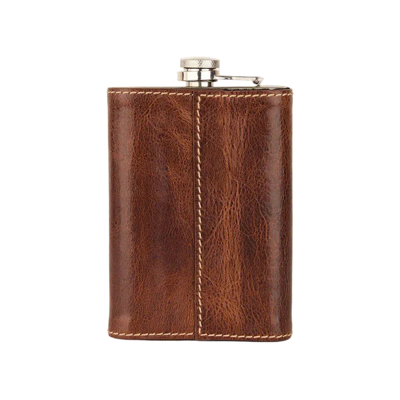 A brown leather flask with a silver metal cap, shown against a plain white background.