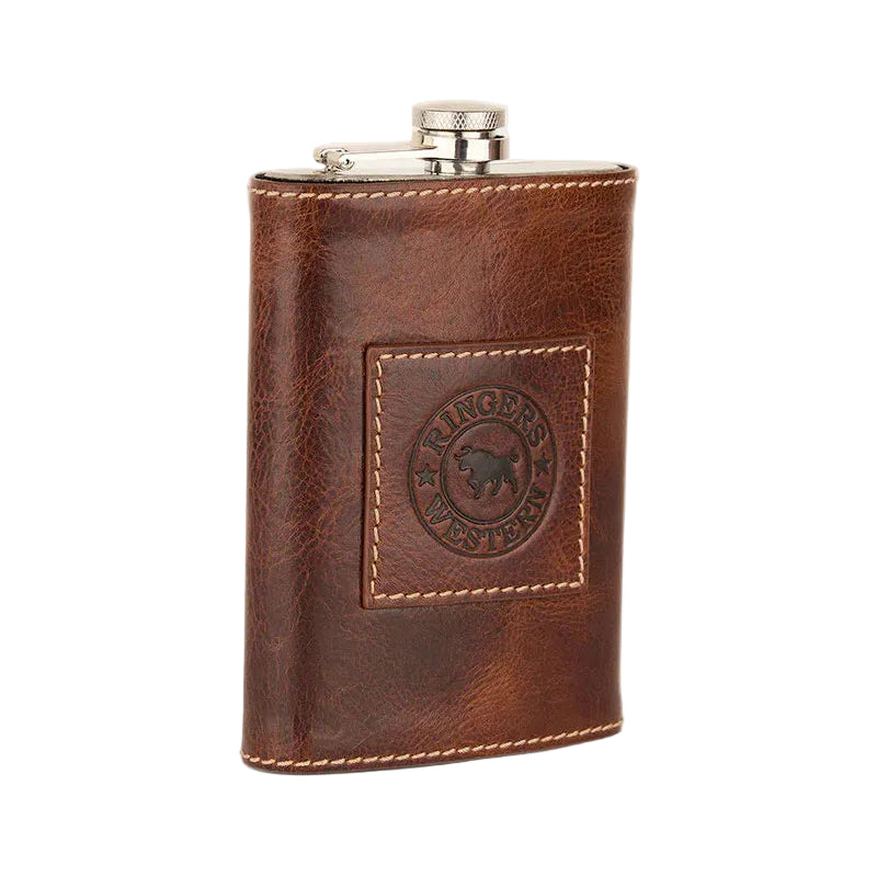 Brown leather flask with a logo on a beige background