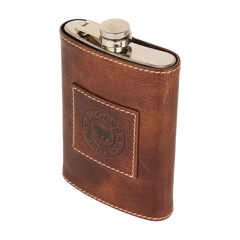 Brown leather flask with silver cap on a white background