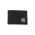 Black leather wallet with a brand logo on a white background