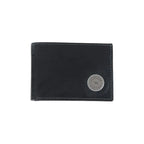 Black leather wallet with a brand logo on a white background