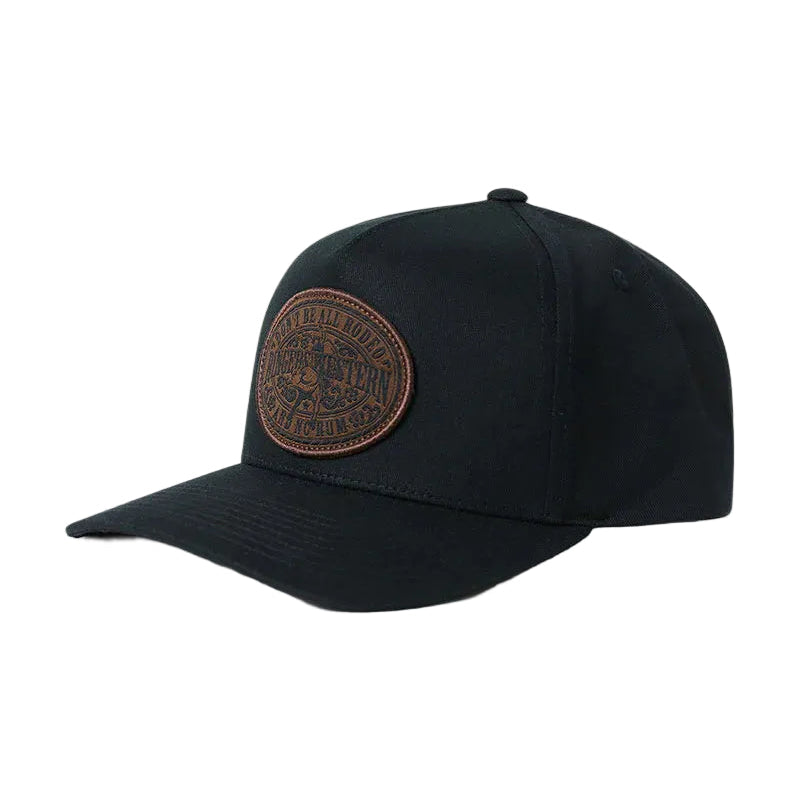 Black cap with brown logo on a white background