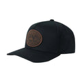 Black cap with brown logo on a white background