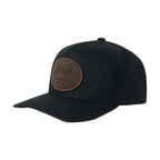 Black cap with brown logo on a white background