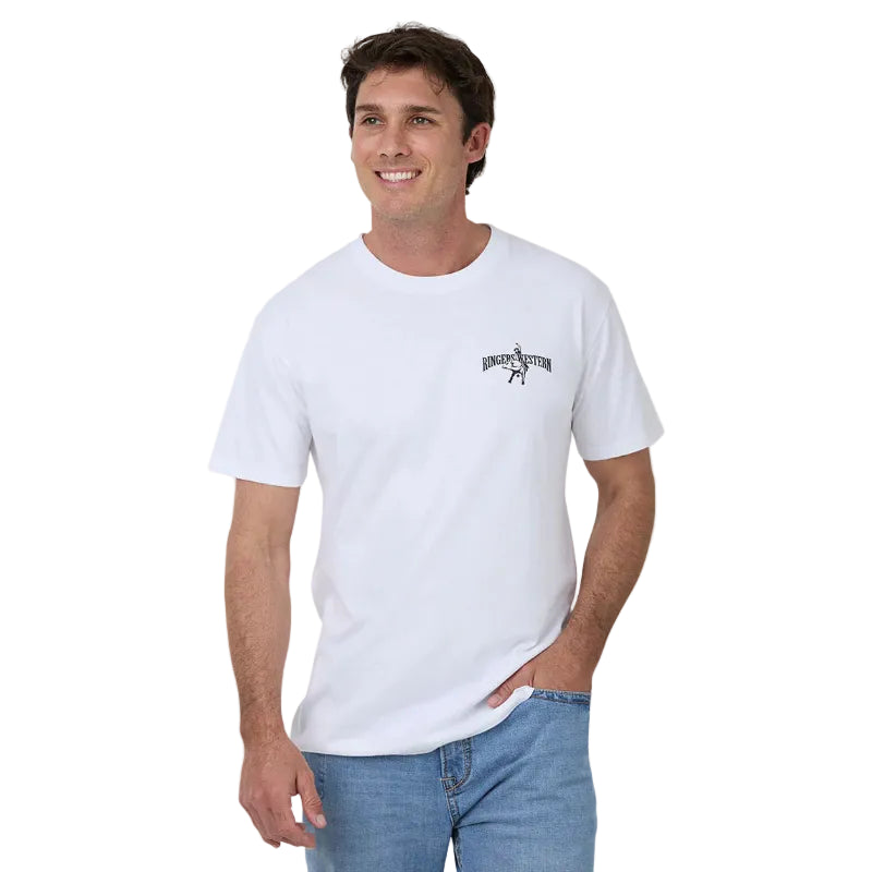 Man wearing a white t-shirt with a logo on a plain background