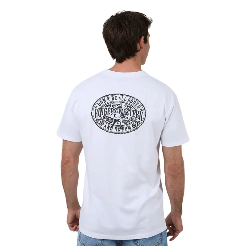 Man wearing a white t-shirt with a oval design on the back, standing against a plain background.