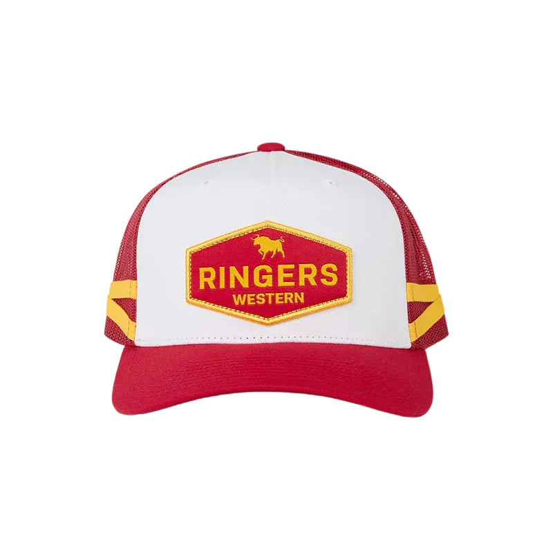 Red and white cap with a yellow logo on a white background