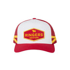 Red and white cap with a yellow logo on a white background