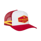 A red and white trucker hat with a yellow and red 'Ringers Western' patch on the front, set against a white background.