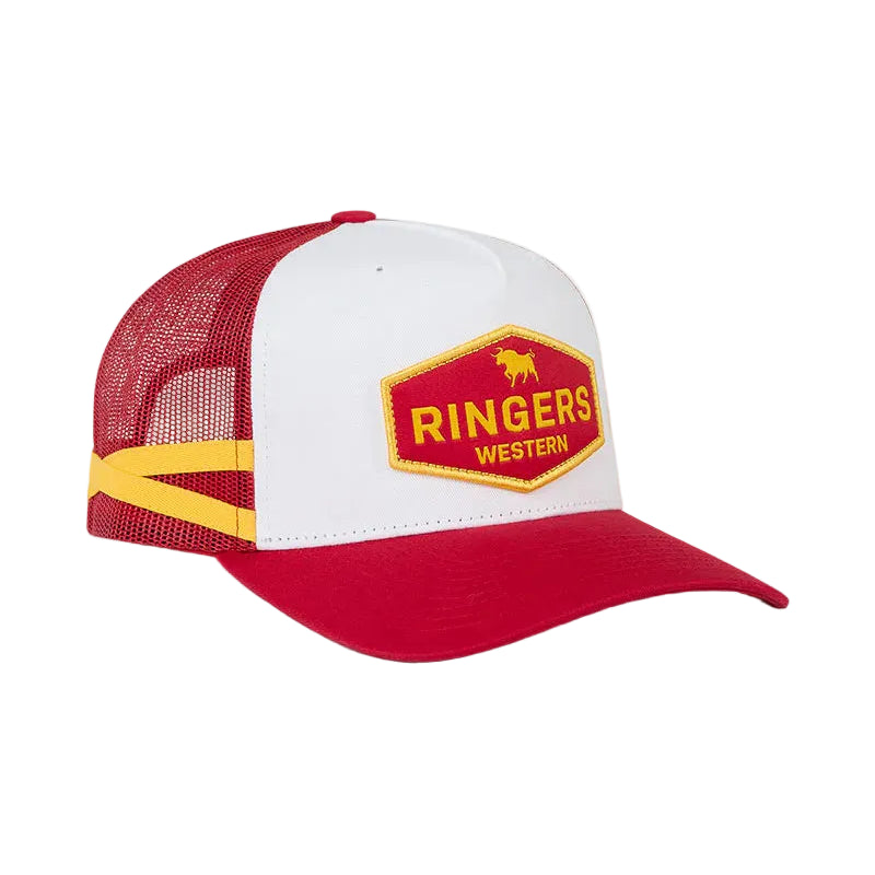 A red and white trucker hat with a yellow and red 'Ringers Western' patch on the front, set against a white background.