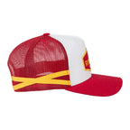 A red and white trucker-style cap with a yellow accent band and a small yellow logo patch on the side, photographed against a white background.