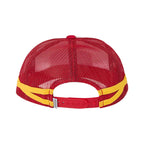 Red trucker-style baseball cap with a yellow accent band and red adjustable snap closure, shown from the back on a white background.