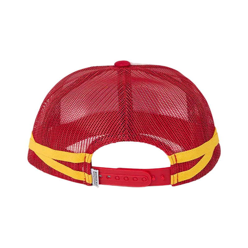 Red trucker-style baseball cap with a yellow accent band and red adjustable snap closure, shown from the back on a white background.