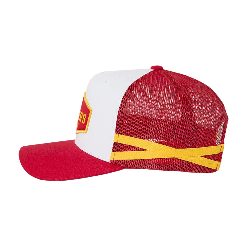 Red and white cap with yellow accents on a white background