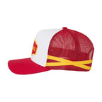 Red and white cap with yellow accents on a white background