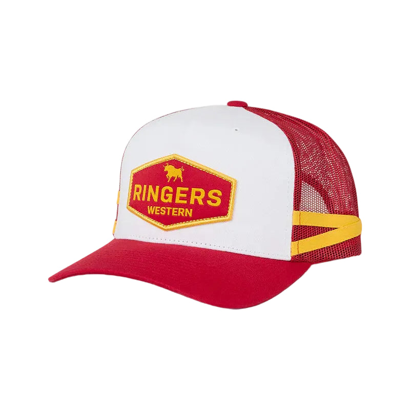 Red and white cap with a yellow and red logo on a white background