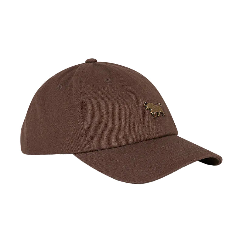 Brown baseball cap with a logo on a white background