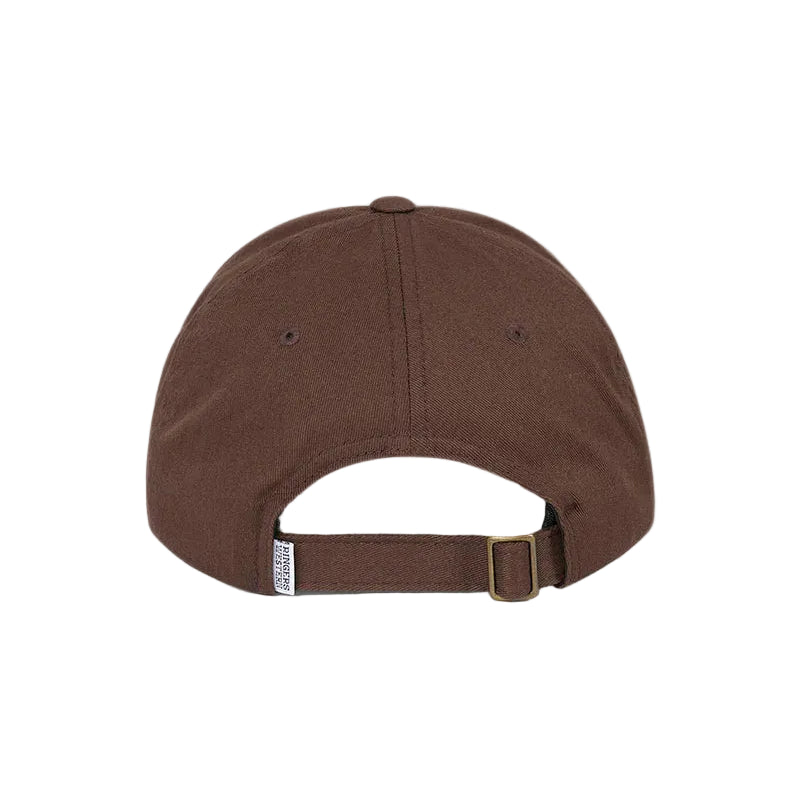 A brown baseball cap shown from the back, featuring an adjustable strap with a small white tag, set against a plain white background.