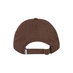A brown baseball cap shown from the back, featuring an adjustable strap with a small white tag, set against a plain white background.
