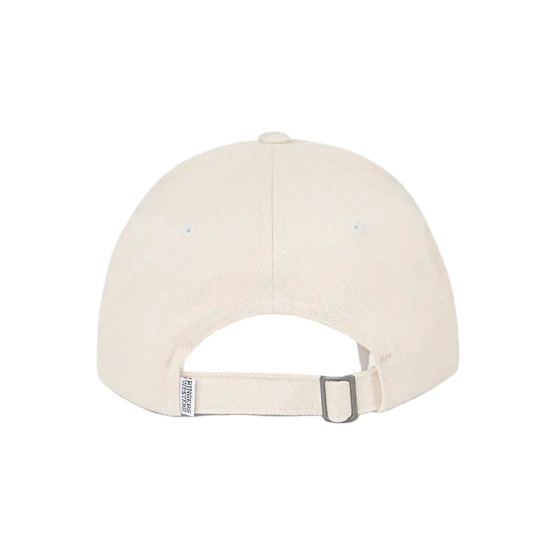 A light cream-colored baseball cap shown from the back, featuring a matching fabric strap and silver metal buckle, set against a solid white background.