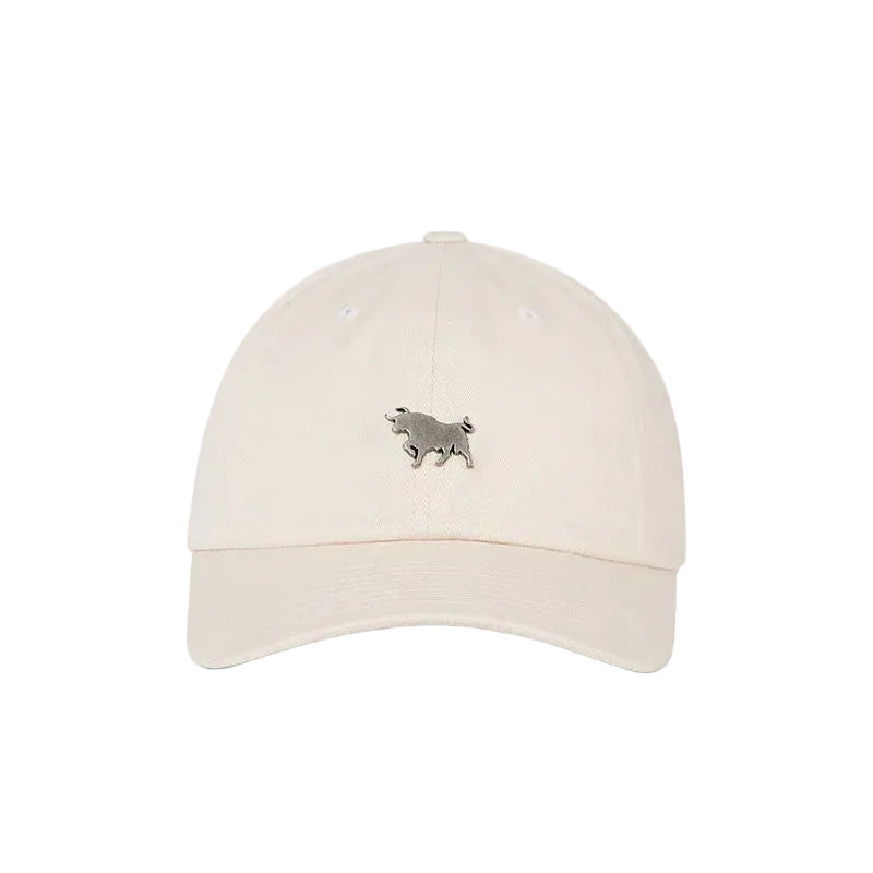 A light beige baseball cap featuring a small embroidered gray pig logo on the front, set against a solid white background.