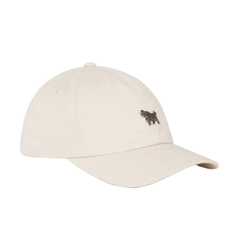 A light beige baseball cap with a small embroidered dark brown horse logo on the side, photographed on a clean, solid white background.