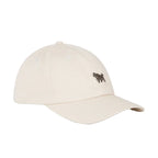 A light beige baseball cap with a small embroidered dark brown horse logo on the side, photographed on a clean, solid white background.