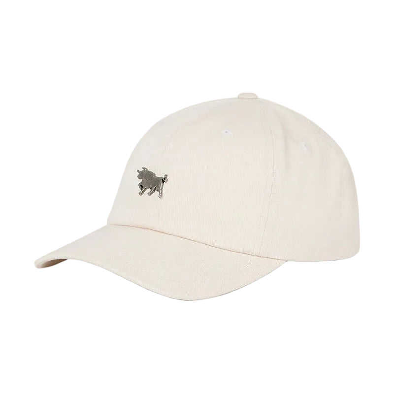 Beige cap with a small logo on a white background