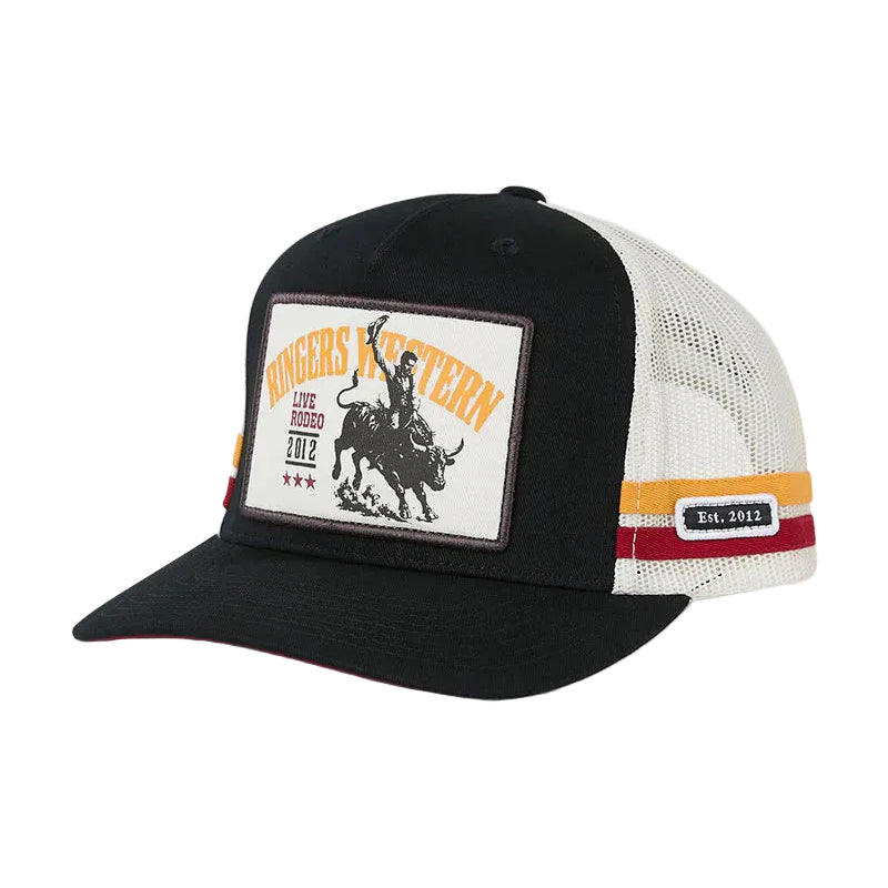 A black and white trucker cap with a rectangular front patch featuring a cowboy on a bucking bull and the text 'Ringers Western'. The back of the cap has white mesh panels, and the side has orange and red stripes with a small black label reading 'Est. 2012'