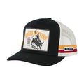 A black and white trucker cap with a rectangular front patch featuring a cowboy on a bucking bull and the text 'Ringers Western'. The back of the cap has white mesh panels, and the side has orange and red stripes with a small black label reading 'Est. 2012'
