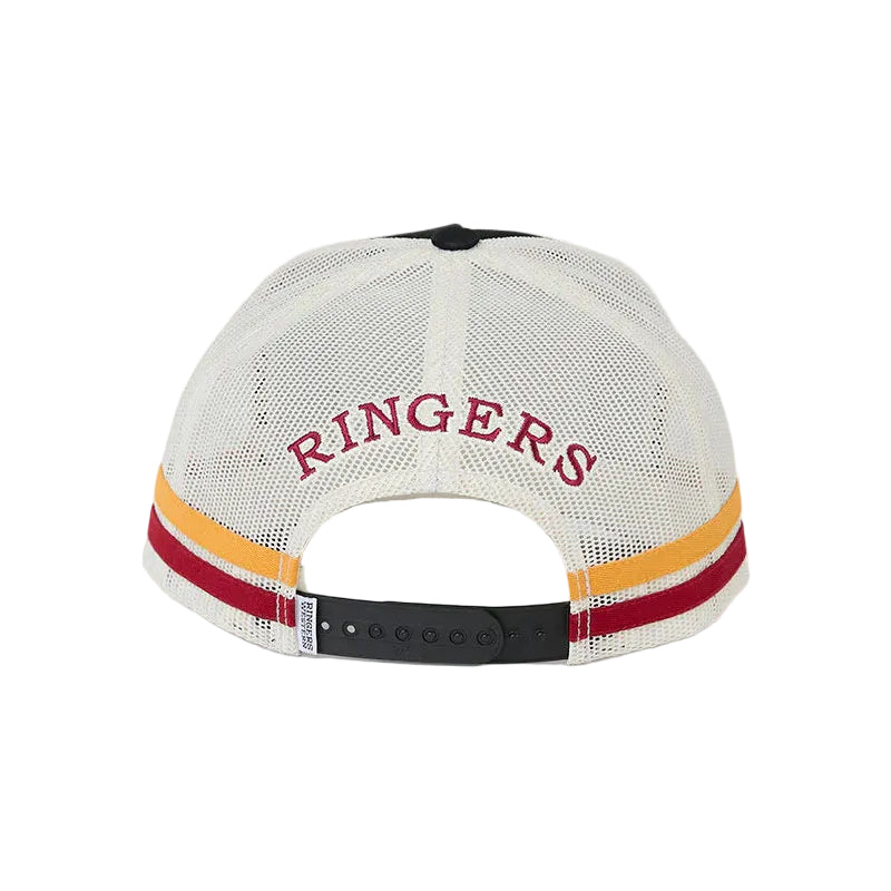 White trucker-style baseball cap with a mesh back, featuring 'RINGERS' embroidered in red on the front. The brim has a striped pattern with red, yellow, and white bands, and a black plastic snap closure.