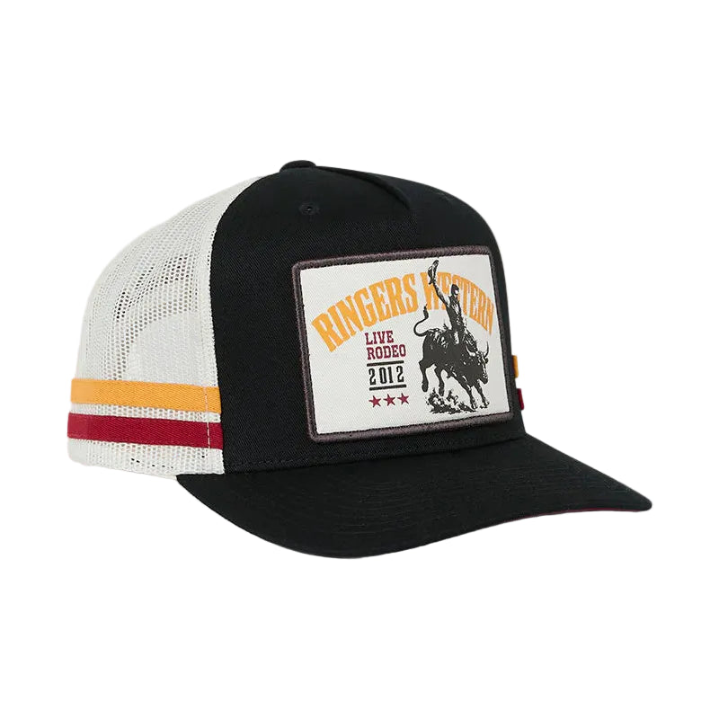 A black and white trucker hat with a western-themed patch on the front, featuring yellow and red stripes on the side, set against a white background.