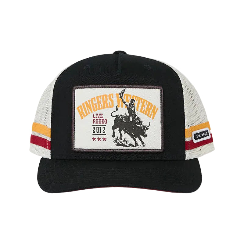 A black trucker hat with white mesh side panels, featuring a rectangular front patch with a cowboy riding a bucking bull and the text 'Ringers Western Live Rodeo 2012'. The brim and top of the cap are black, and the side panels have white mesh with red and yellow stripes.