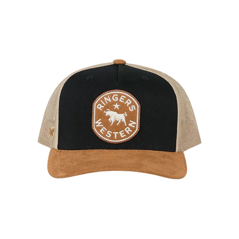 Black and beige cap with a logo on a white background