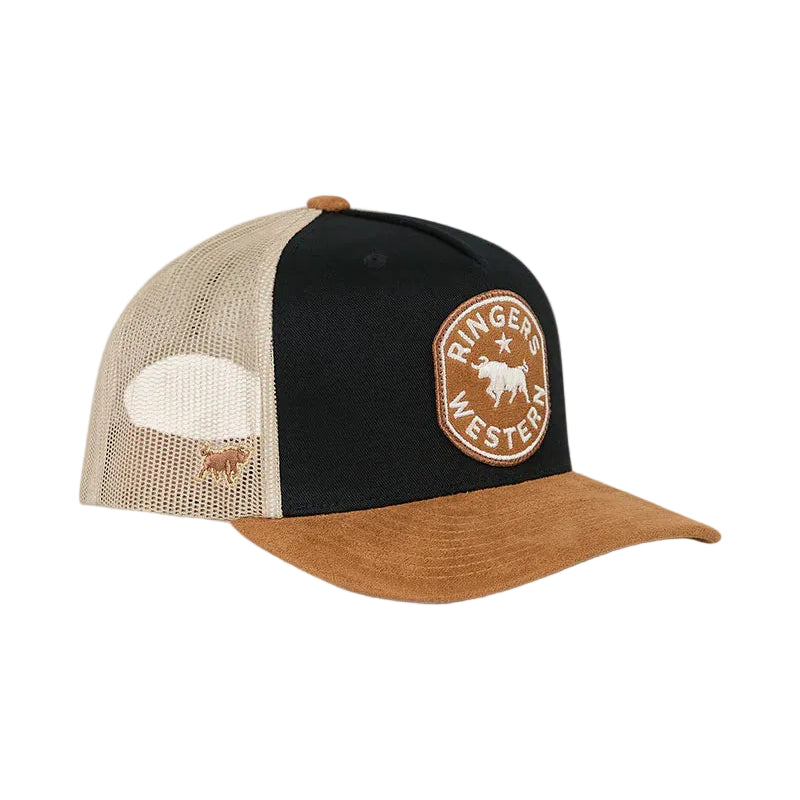 A trucker-style baseball cap with a black front panel, beige mesh back, and brown visor. The front panel features a circular brown patch with a bull and the text 'RINGERS WESTERN'.