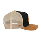 Trucker hat with mesh back, black front panel, and brown bill on a white background