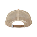 A beige trucker-style baseball cap viewed from the back, featuring a tan mesh back, a tan snapback strap, and a small brown button on top, set against a solid white background.
