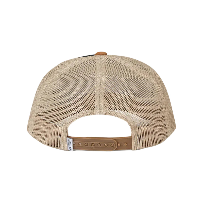 A beige trucker-style baseball cap viewed from the back, featuring a tan mesh back, a tan snapback strap, and a small brown button on top, set against a solid white background.